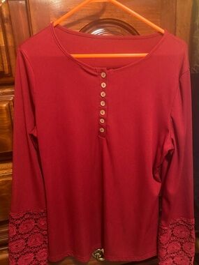 Women’s Red Button Henley Top with Lace Cuffs